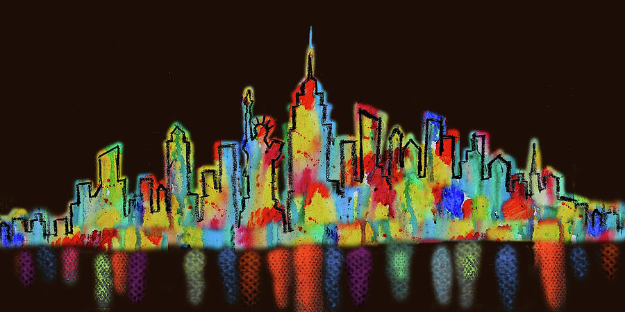 New York City Skyline Cityscape night view Painting by Leon Zernitsky