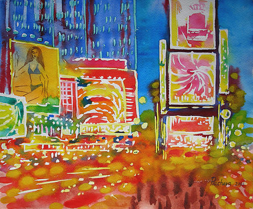 Landscape Painting - New York View .Times Square Evening Precipitancy. by Natalia Piacheva