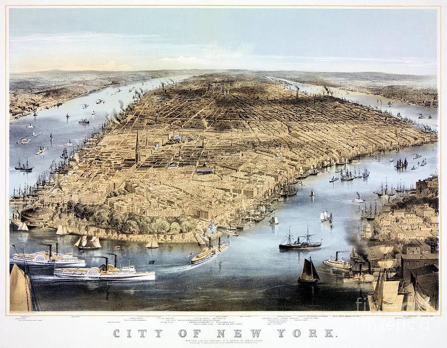 New York City Map Mixed Media - New York Vintage Aerial view Restored 1856 by Vintage Treasure