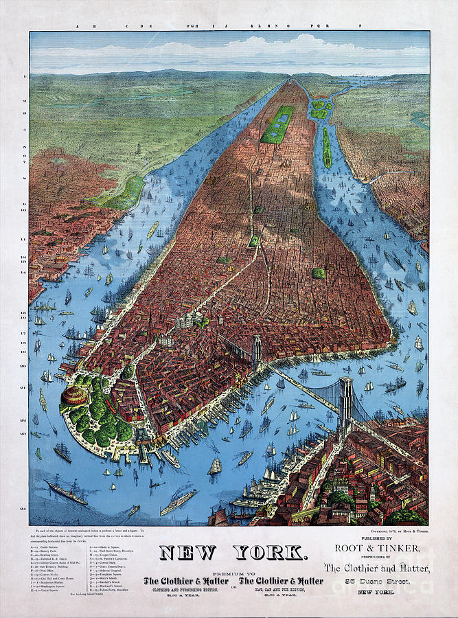 New York City Map Photograph - New York Vintage Aerial views Restored 1879 by Vintage Treasure