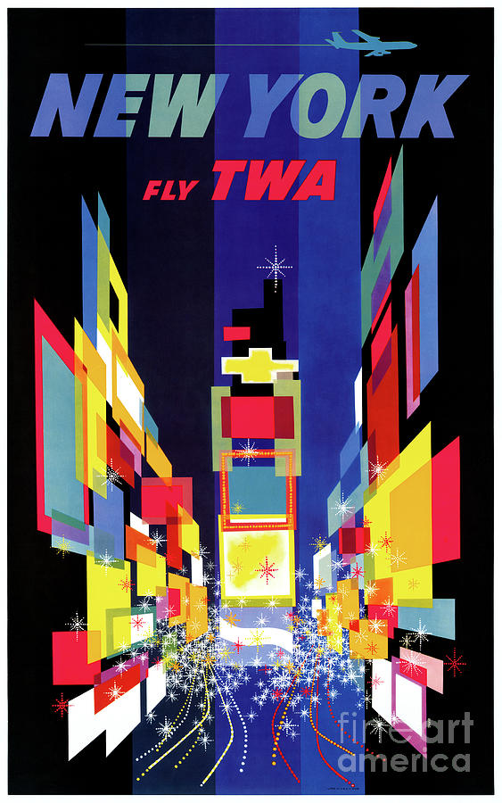 New York Fly Twa Vintage Air Line Travel Poster Restored Drawing