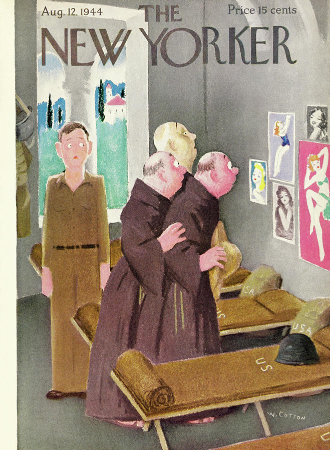New Yorker Magazine Cover Of Monks Staring Painting by William Cotton