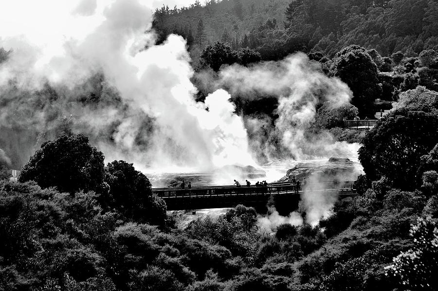 New Zealand - Figures Against Hot-Steam - Black and White Photograph by Jeremy Hall