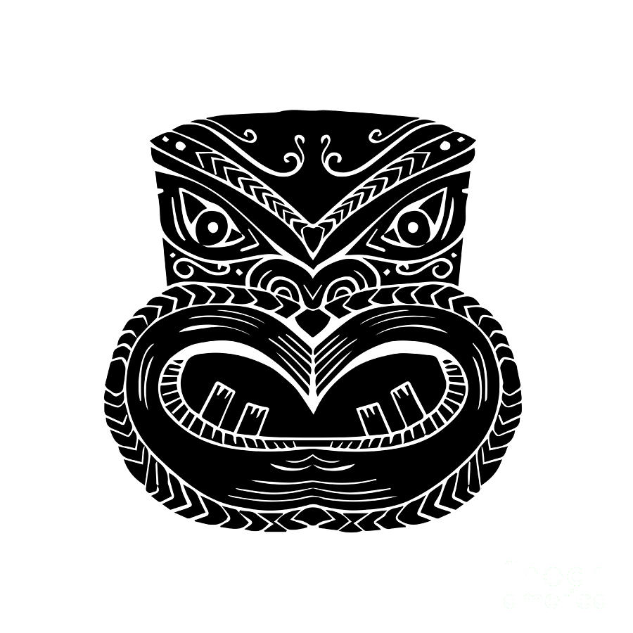 Black And White Digital Art - New Zealand Maori Koruru Tiki Mask Woodcut by Aloysius Patrimonio