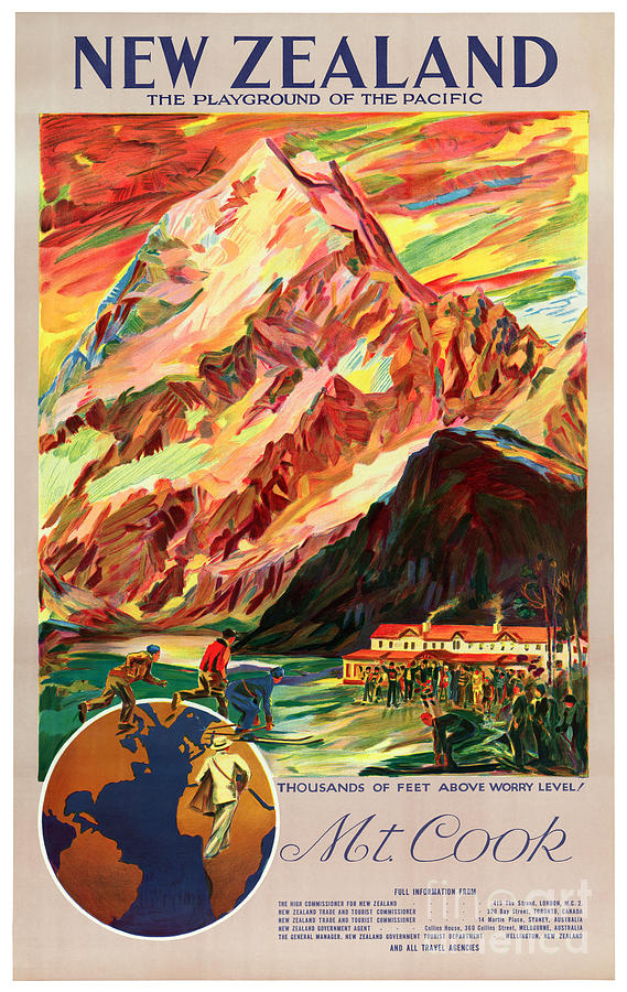 Cook New Zealand Vintage Travel Advertisement Art Poster Winter Sports Mt 