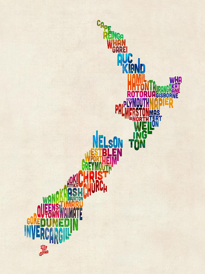 New Zealand Typography Text Map Digital Art by Michael Tompsett