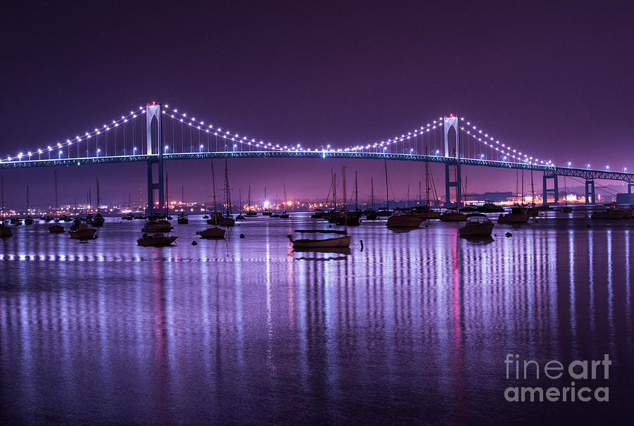 Sunset Photograph - Newport Bridge at Night by Juli Scalzi