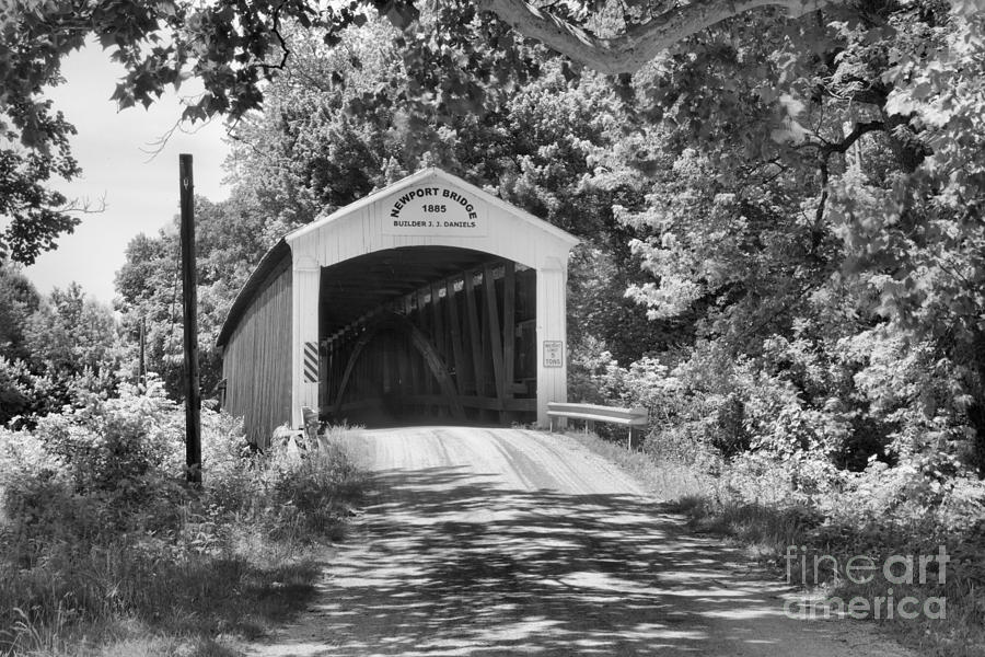 Newport Covered Bridge In The Forest Black And White Photograph by Adam Jewell