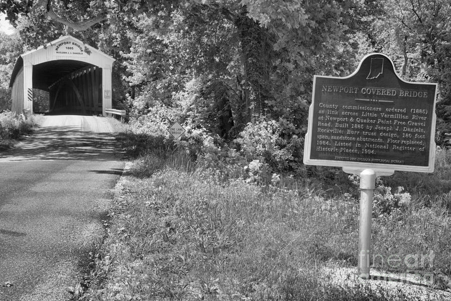 Newport Covered Bridge Sign Black And White Photograph by Adam Jewell
