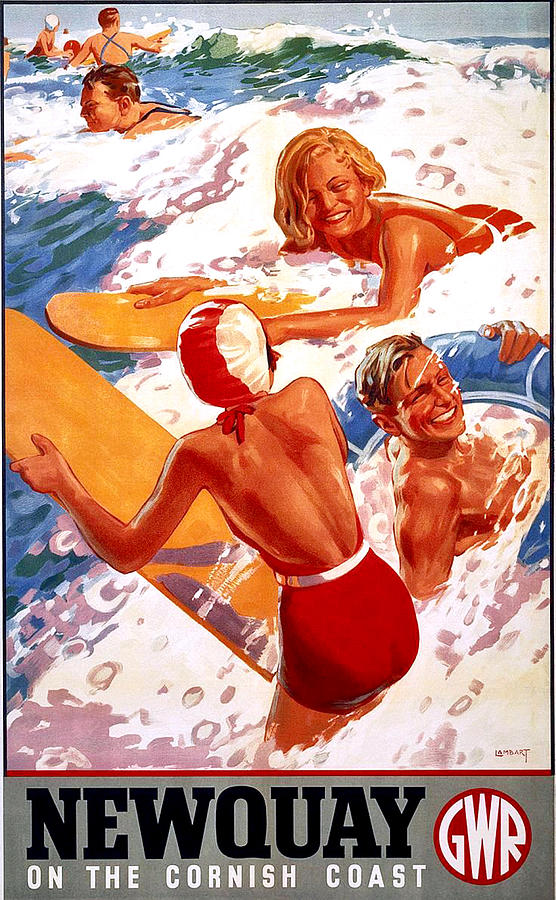 Newquay on the Cornish Coast, water plays, travel poster Painting by Long Shot