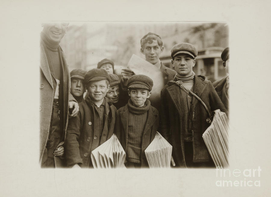 20th Century Painting - Newsboys Selling on Main Street in the afternoon hours. by Celestial Images