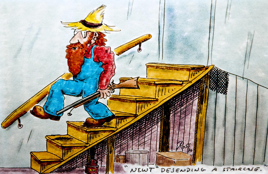 Stairs Drawing - Newt Descending a Staircase by Ross Powell