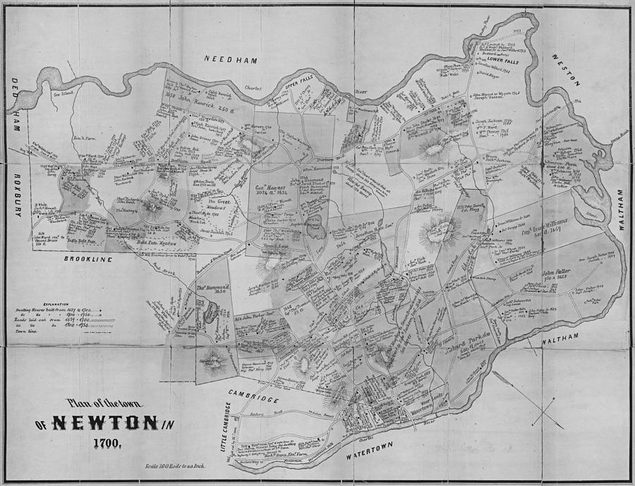 Newton MA city plans from 1700 black and white Digital Art by Toby McGuire