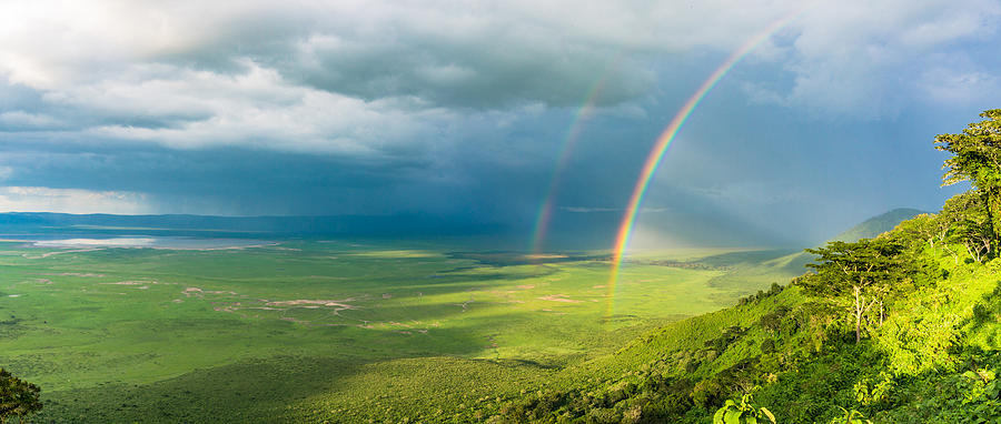 Ngorondgora Crater with double rainbow in Tanzania Africa Photograph by Ann Moore