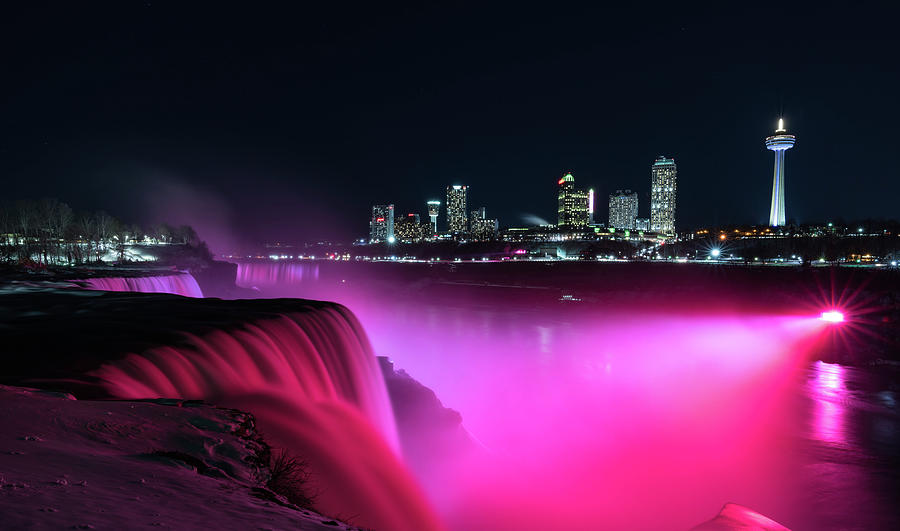 Niagara Falls at night - pink Photograph by Framing Places