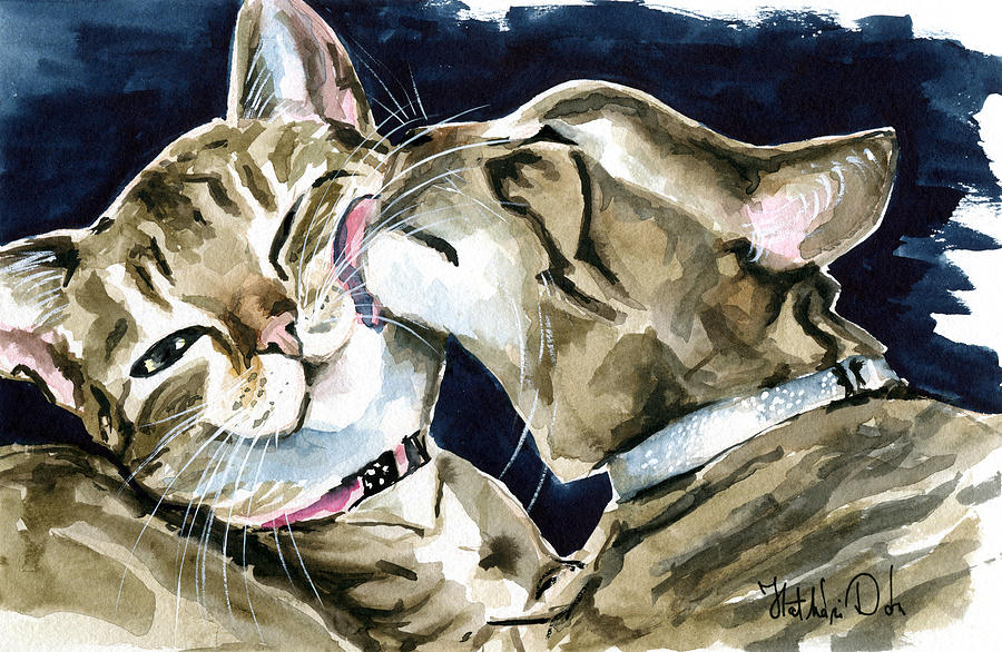 Nice And Clean - Tabby Cat Painting Painting by Dora Hathazi Mendes