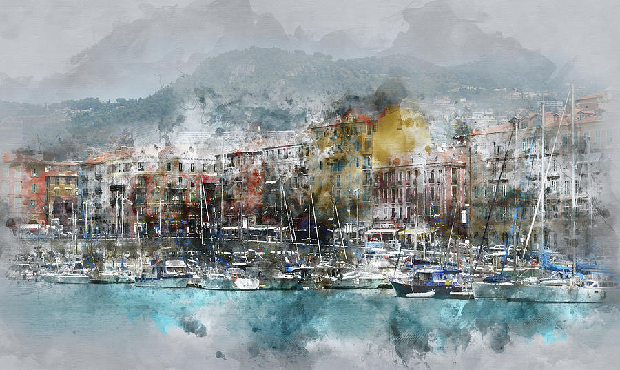 Nice France Digital Watercolor on Photograph Painting by Brandon Bourdages