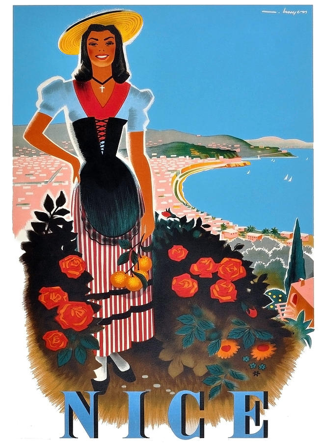Nice, French riviera, landscape, happy woman with flowers Painting by Long Shot