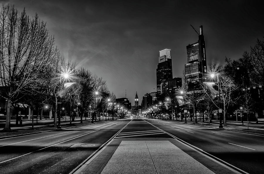 Night Falls on the City - Philadelphia - Black and White Photograph by Bill Cannon