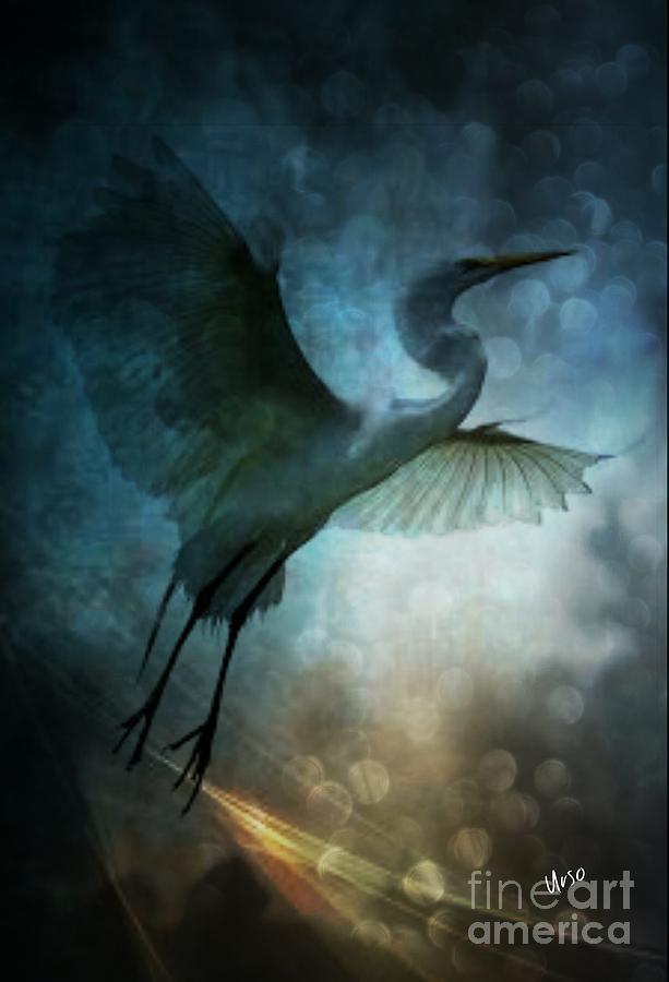 Night Flight of the Great Egret Digital Art by Maria Urso