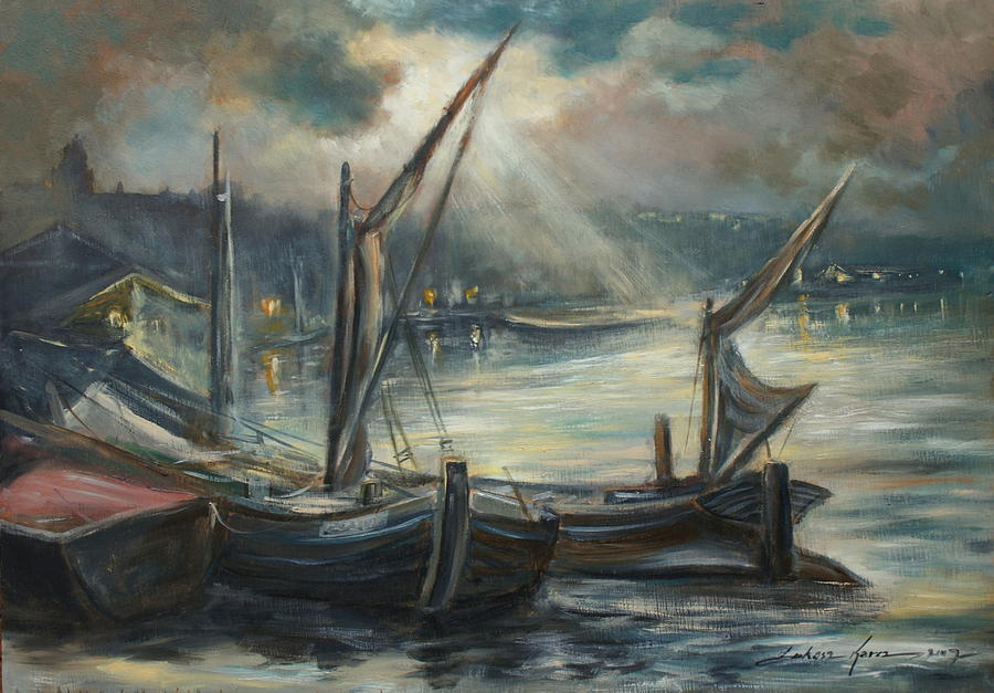Night in Harbor Painting by Luke Karcz