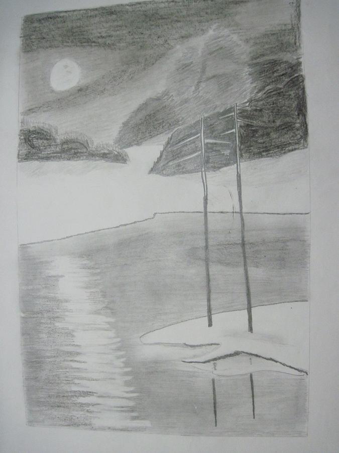 Night lake.black pencil 1990 Drawing by Dr Loifer Vladimir