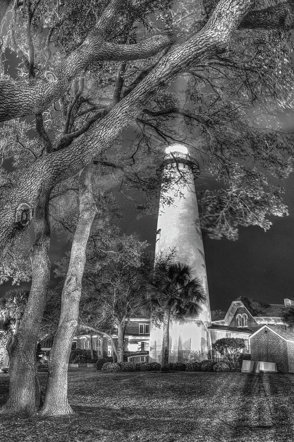 Night Lighthouse Black and White Photograph by Debra and Dave Vanderlaan