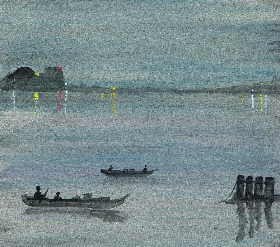 Night Lights and Boats Painting by R Kyllo