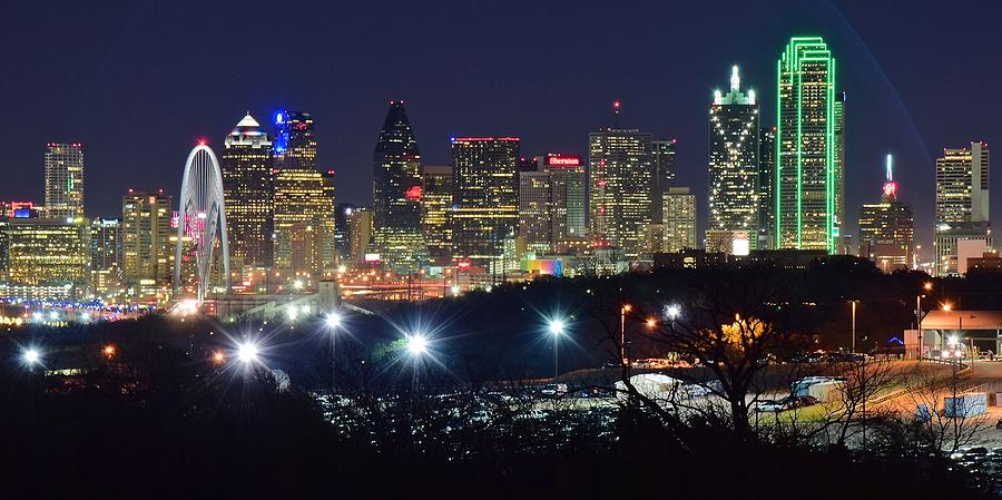 Skyline and Tom Landry Freeway, with Streaked Lights at Night, Dallas, Texas | Large Stretched Canvas, Black Floating Frame Wall Art Print | Great