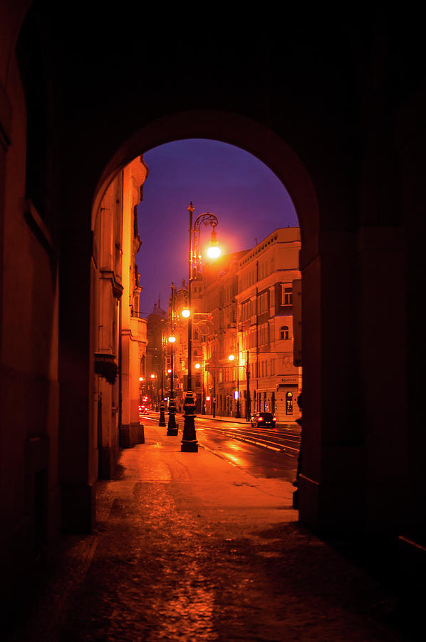 Night Lights in Street of Old Prague  Photograph by Jenny Rainbow