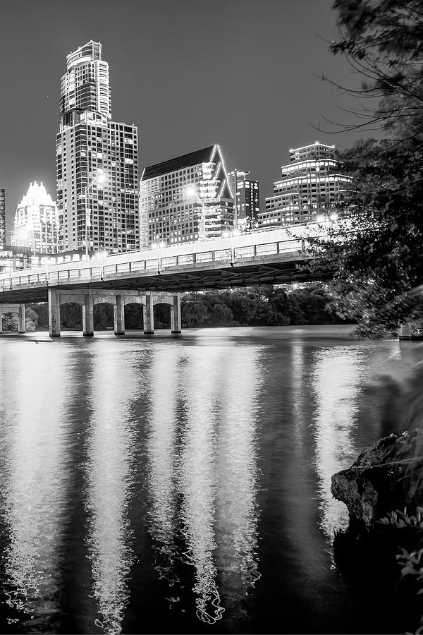 Night Lights of the Austin City Skyline - Black and White Photograph by Gregory Ballos