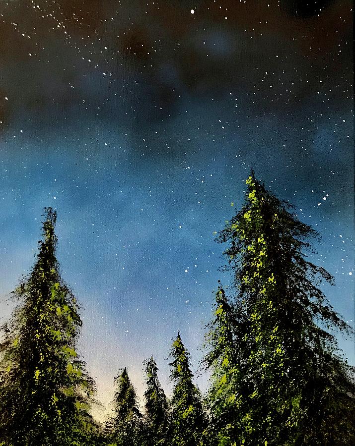 Night lit Evergreens Painting by Willy Proctor