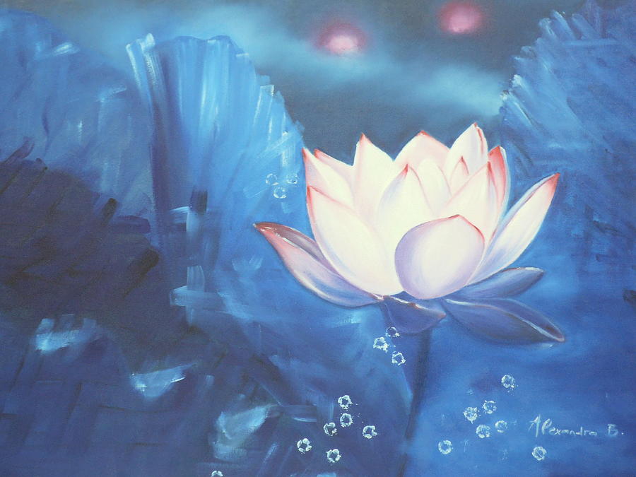 Night Lotus - Blue Painting by Alexandra Bilbija