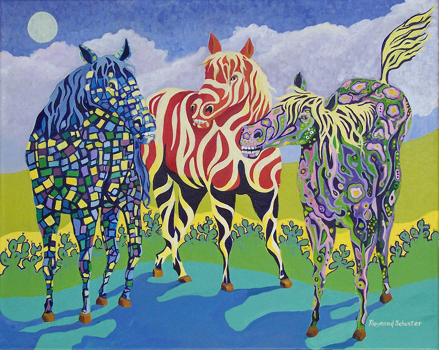 Colorful Horses Painting - Night Mares by Raymond Schuster