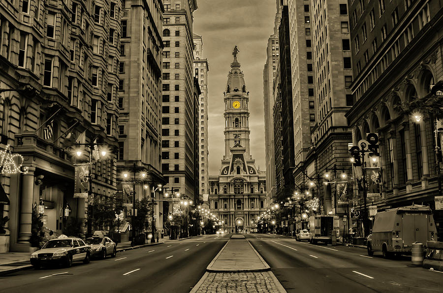Night on Broad Street - Philadelphia in Sepia Photograph by Bill Cannon