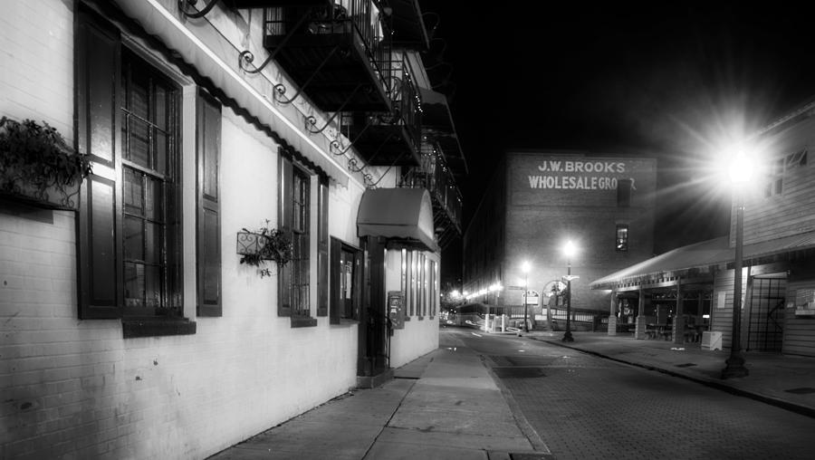Brick Photograph - Night on South Water Street in Black and White by Greg and Chrystal Mimbs