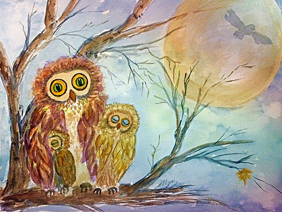 Night Owls Harvest Moon Painting by Ellen Levinson