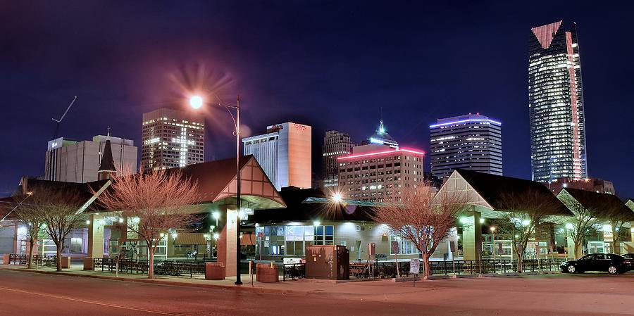 Skyline Photograph - Night Panorama of OKC by Frozen in Time Fine Art Photography