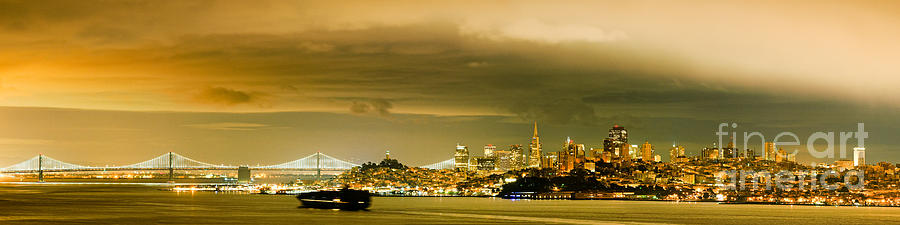 San Francisco Photograph - Night Panorama of San Francisco Skyline with Oakland Bay Bridge - San Francisco California by Silvio Ligutti