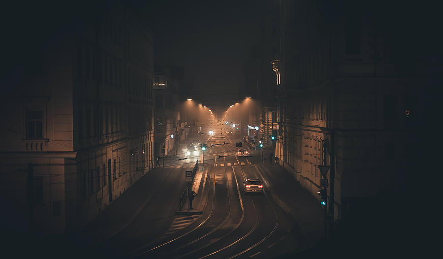 Night Pulse of the City. Misty Nights In Brno Photograph by Jenny Rainbow