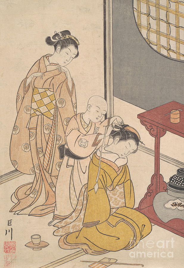 Night Rain at the Double Shelf Stand, from the series Eight Parlor Views  Painting by Suzuki Harunobu