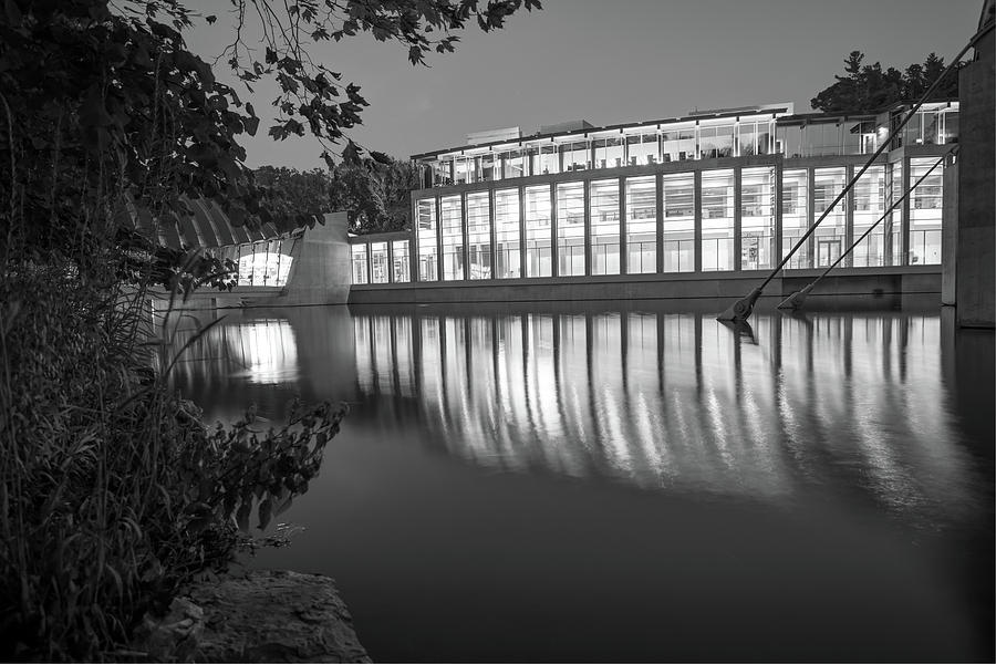 Black And White Photograph - Night Reflections of Crystal Bridges Museum - Black and White by Gregory Ballos