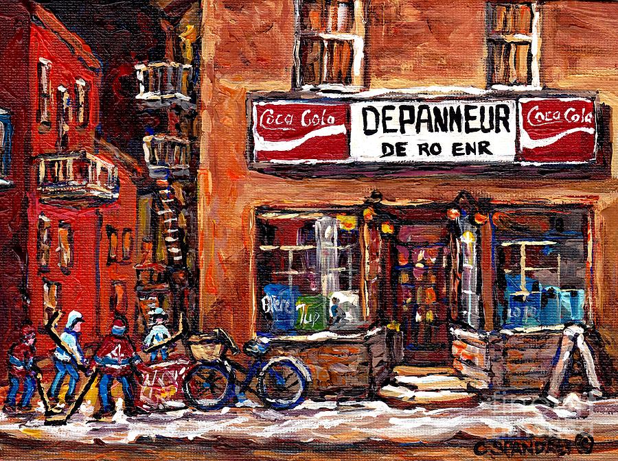 Night Scene Hockey Laneway Painting Depanneur De-ro Rue De La Roche Best Montreal Winter Art Scenes  Painting by Carole Spandau