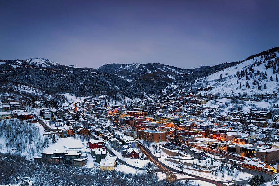 Winter Photograph - Night Scene in Park City by Wasatch Light