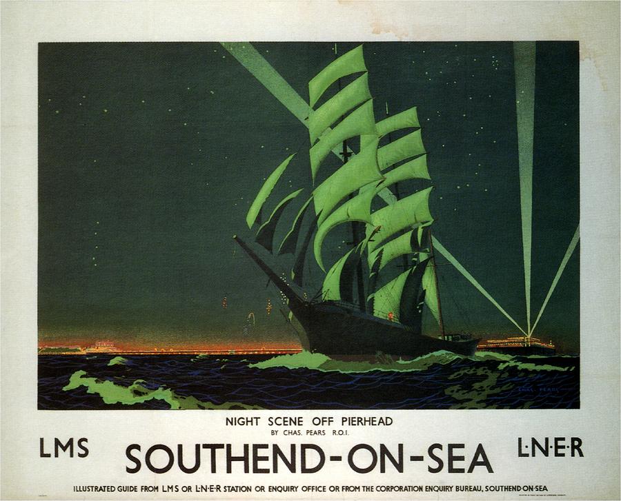 Southend-on-sea Mixed Media - Night Scene Off Pierhead - Southend-On-Sea, England - Retro travel Poster - Vintage Poster by Studio Grafiikka