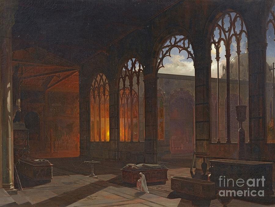 Night Scene with a Monk in a Gothic Cloister Painting by MotionAge Designs