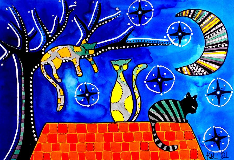 Cat Painting - Night Shift - Cat Art by Dora Hathazi Mendes by Dora Hathazi Mendes