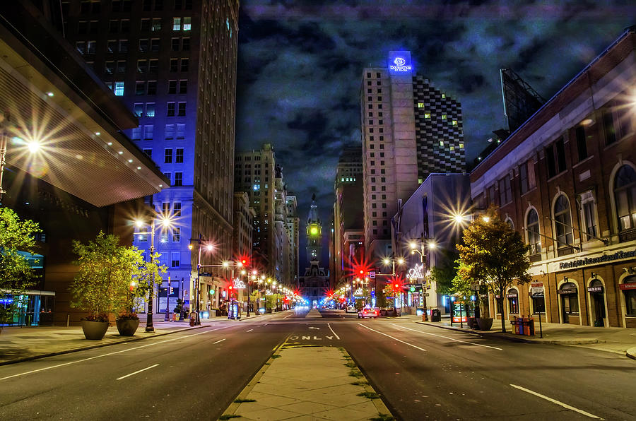 Night Shot of Broad Street - Philadelphia Photograph by Bill Cannon