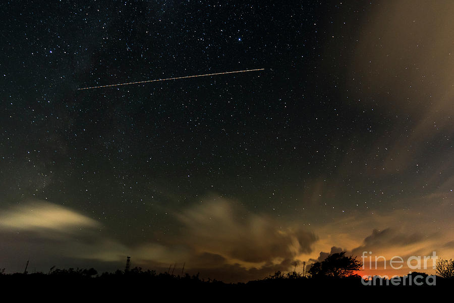 Night Sky With Aeroplane Trail Photograph by Clayton Bastiani