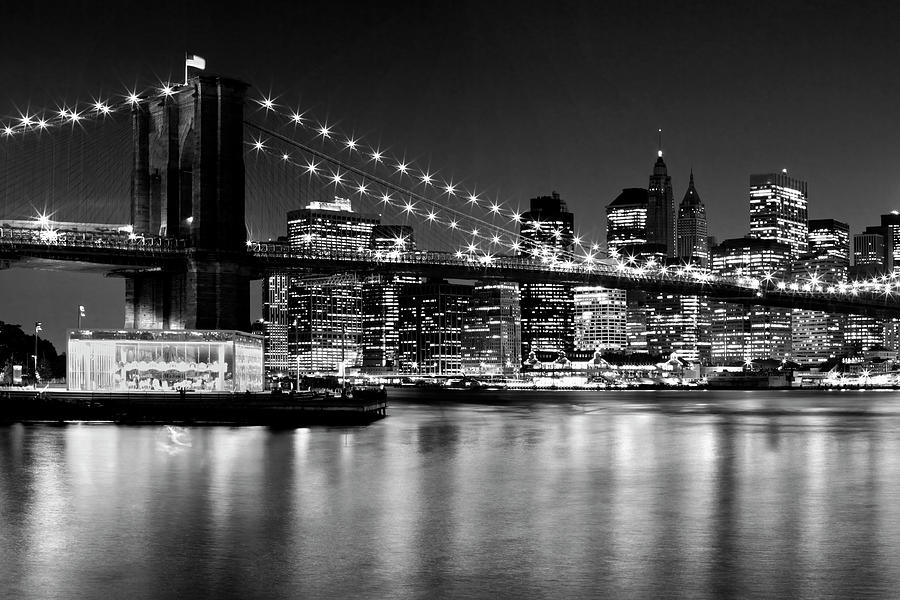 Night Skyline MANHATTAN Brooklyn Bridge - Monochrome Photograph by Melanie Viola